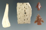 Set of four unique artifacts including a drilled tooth, bone game piece, and two projectile points.