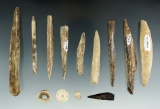 Group of assorted bone tools and stone beads found in Umatilla, Oregon. Largest is 4 1/16