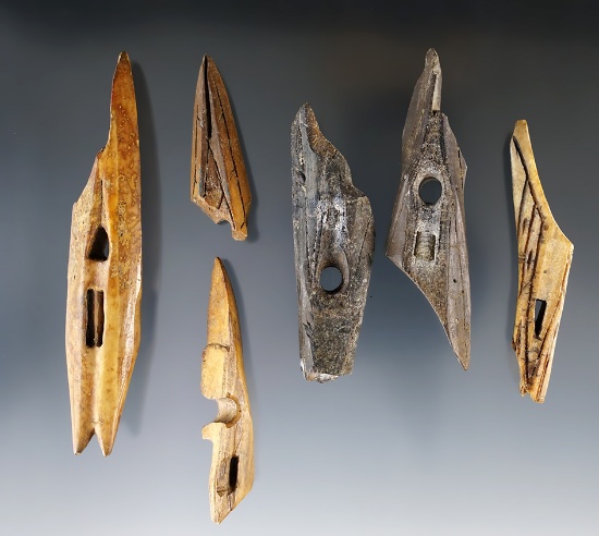 Set of 6 Inuit damaged Bone Toggles. The largest is 4 1/4".