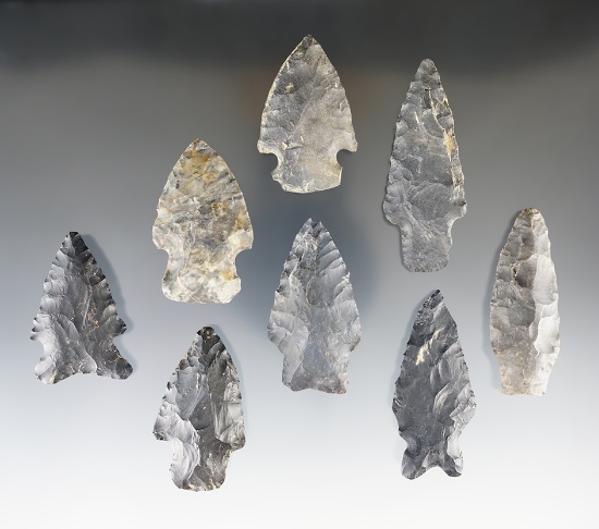 Set of 8 nice Ohio points made from Coshocton Flint. The largest is 2 11/16".