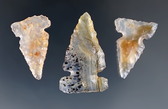 Exceptional set! Three Side-Notched Arrowheads - translucent Agate. Found in New Mexico.