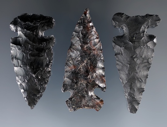 Set of three well styled Northern Side Notched Points made from Obsidian found near Burns, Oregon.