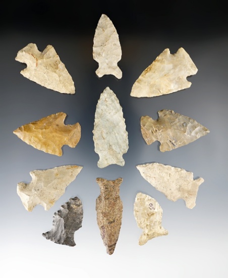 Set of 11 assorted Ohio Arrowheads, largest is 2".