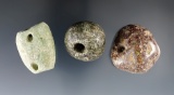 Three large drilled Pre-Columbian stone beads found in Mexico, largest is 1 7/16
