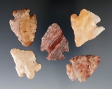 Five very colorful Flint Ridge Archaic Pentagonal Points. Found in various Ohio counties.