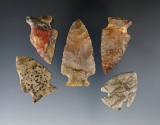 Five assorted Ohio points made of different materials including Pipe Creek, Flint Ridge, and Coshoct