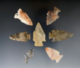 Seven assorted colorful Ohio Archaic and Woodland Points. Largest is 1 5/8