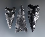 Set of three nicely styled Northern Side Notched Points made from Obsidian found near Burns, OR.