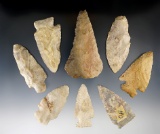 Set of eight assorted Flint artifacts found in the Midwest, largest is 3 5/8