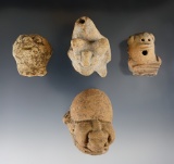 Set of four pre-Columbian pottery heads found in Mexico, largest is 2 1/2