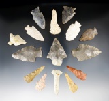 Group of 15 assorted Midwest arrowheads, largest is 2 3/8