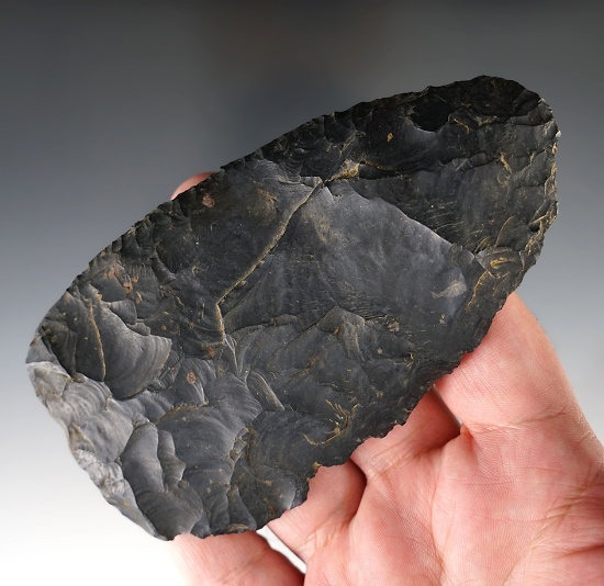 4 13/16" Heavily patinated Coshocton Flint Paleo Blade found in Ohio.