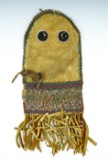 Old!  Beaded pouch with leather fringes and trade cloth interior. Some missing & loose beads.