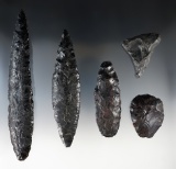 Group of 5 Obsidian artifacts found in Mexico, including a very large 8 5/8