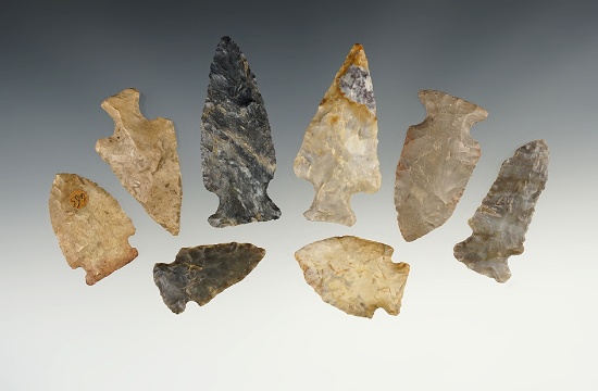 Group of 8 Assorted Ohio and Indiana Arrowheads, largest is 2 1/2".
