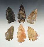 Set of six archaic points found in Ohio, largest is 2 5/8