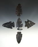 Set of five assorted points found in Ohio made from Coshocton Flint. Largest is 2 3/8