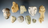 Set of nine assorted pre-Columbian stone and clay artifacts found in Mesoamerica.