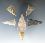 Set of six Midwestern triangle points in nice condition, largest is 1 7/16