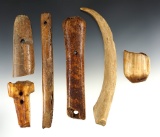 Set of six assorted antler, bone and ivory Inuit artifacts found in Alaska. Largest is 6 7/8