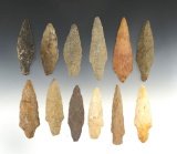 Group of 12 assorted Stemmed Points found in the Maryland area in good condition.