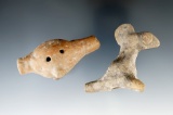 Pair of pre-Columbian clay whistles found in Mexico, largest is 2 3/8
