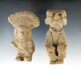 Pair of pre-Columbian clay figures found in Mexico, largest is 3 13/16