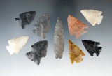 Set of nine assorted arrowheads found in New Mexico. Largest is 2 1/4