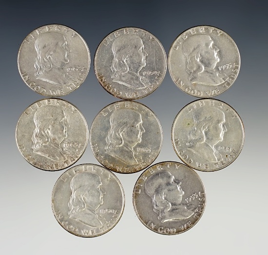 8 Dif. Date or Mint Mark Silver Franklin Half Dollars F-AU 48, 50-D, 53, 55, 60, 62, 63 & 63-D