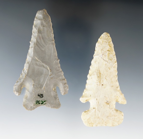 Pair of Ohio Arrowheads including a 2 15/16" Archaic E-Notch found in Henry Co., Ohio.