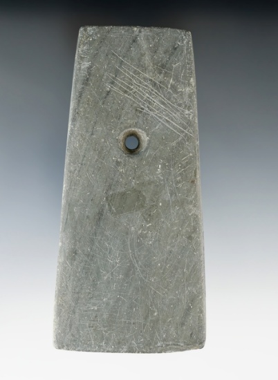 4 5/16" Adena Trapezoidal Pendant made from green and black Banded Slate.  Defiance Co., Ohio.