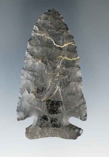 2 5/8" Archaic Cornernotch made from Coshocton Flint with nice lightning lines. Wood Co., Ohio.