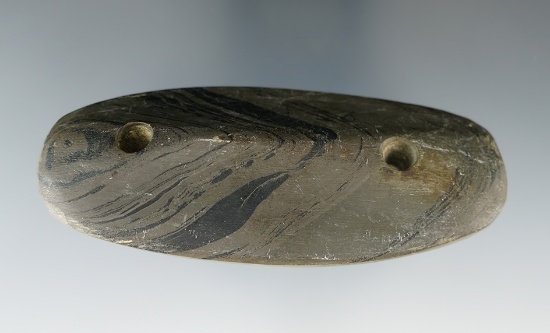 3 9/16" Glacial Kame Ridge Gorget made from green and black Banded Slate, Medina Co., Ohio.