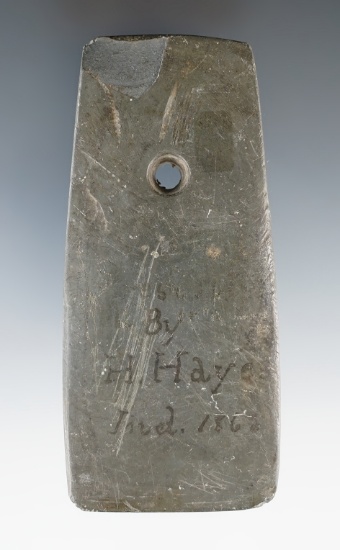 3 15/16" Trapezoidal pendant found by H. Hayes in 1863 in Indiana.