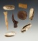 Set of various artifacts made from Shell, Bone and Flint. The largest is 2 1/16