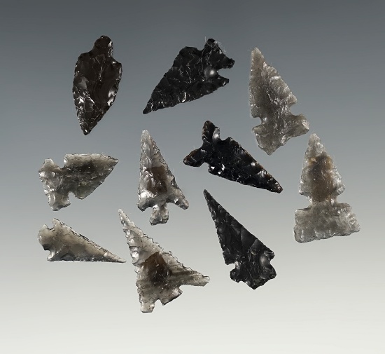 Set of 10 Obsidian points found in New Mexico. The largest is 15/16".