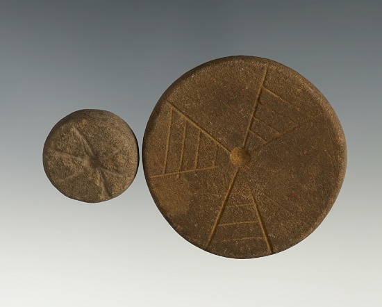 Pair of Engraved Ft. Ancient Discs found in the Kentucky/Tenessee area. The largest is 1 7/8".