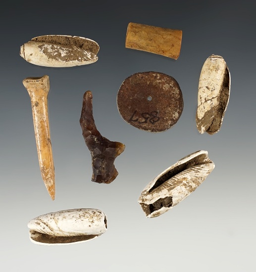 Set of various artifacts made from Shell, Bone and Flint. The largest is 2 1/16".