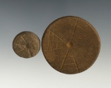 Pair of Engraved Ft. Ancient Discs found in the Kentucky/Tenessee area. The largest is 1 7/8