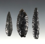 Set of 3 Nice Obsidian Blades found in Lake Co., Oregon. The largest is 2 11/16