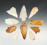 Set of 10 Archaic Points found in McDuffie Co., Georgia. The largest 2 3/4