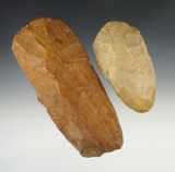 Pair of well patinated Tennessee Flint Adzes. The largest is 5 3/8