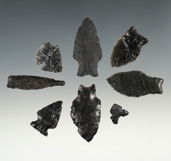 Set of 8 Obsidian points found in Idaho. The largest is 1 9/16".