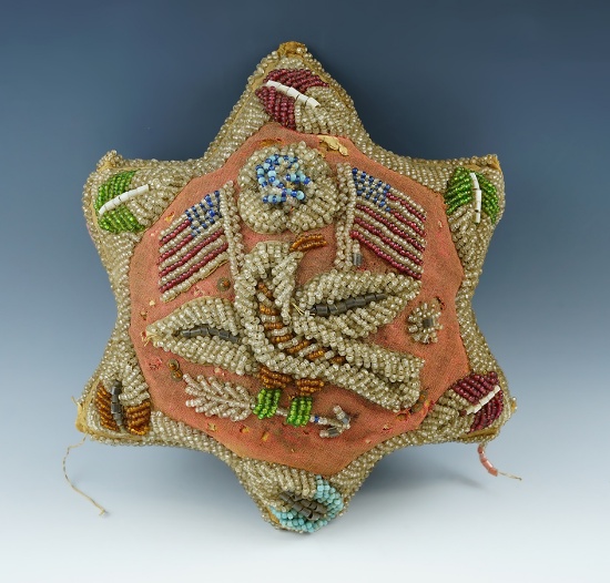 Large 10" Wide vintage beaded pin cushion. Beadwork is in very good shape, some use-holes.
