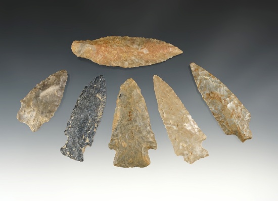 Set of 6 nicely made points found by J.R. Dalton in Pulaski Co., Kentucky. The largest is 3 1/8".