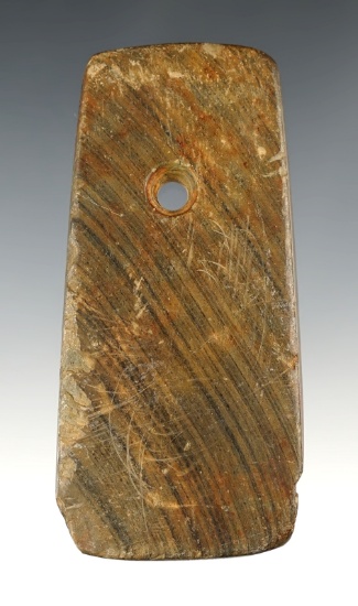 3 3/4" Adena Trapezoidal Pendant made from Banded Slate. Found in Holmes Co., Ohio.