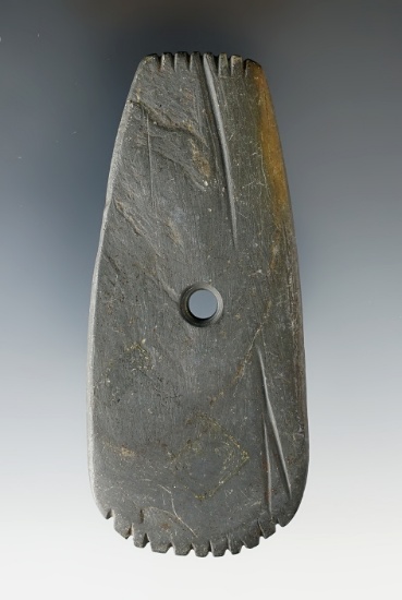 3 3/4" Slate Hopewell Trapezoidal Pendant that is fringed on both ends and grooved. Knox Co., Ohio.