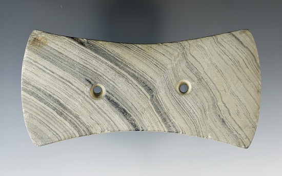 4 5/8" Adena Bi-Concave Gorget made from Banded Slate, found in Ohio.