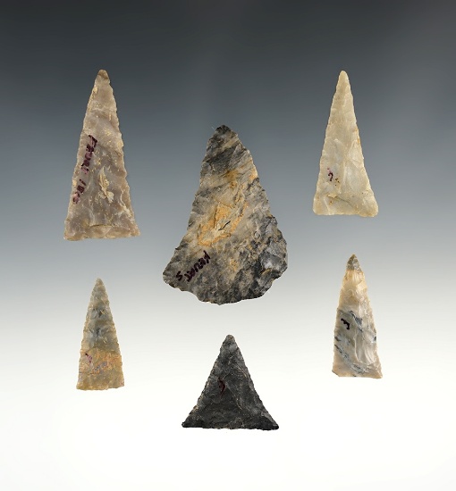 Six pieces, 5 Triangles and 1 Knife, found at Feurt Village site in Scioto Co., Ohio. Ex. Jack Hooks