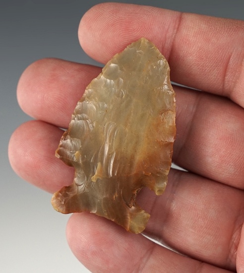 2 1/8" Big Sandy point made from colorful Carter Cave flint. Found in the Southern OH/KY area.